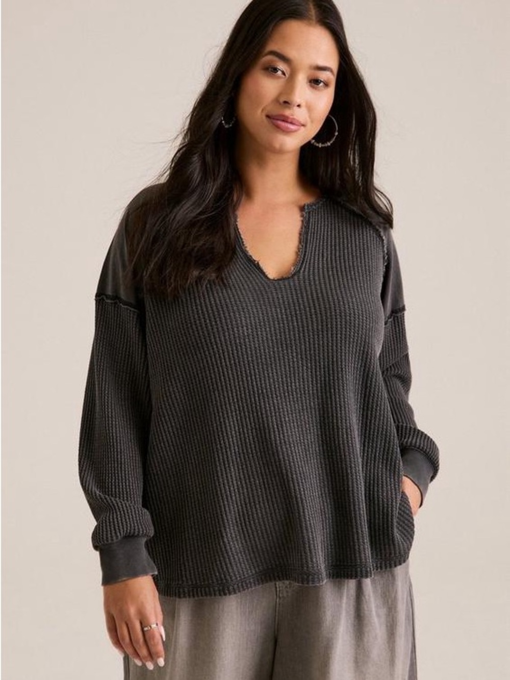 FESTI by Torrid grey waffle knit long sleeve dark grey pullover top
